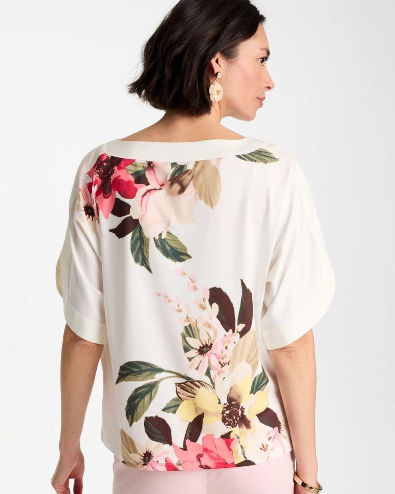 Chicos Printed Jersey & Satin Dolman Tee - HOT HONEYSUCKLE