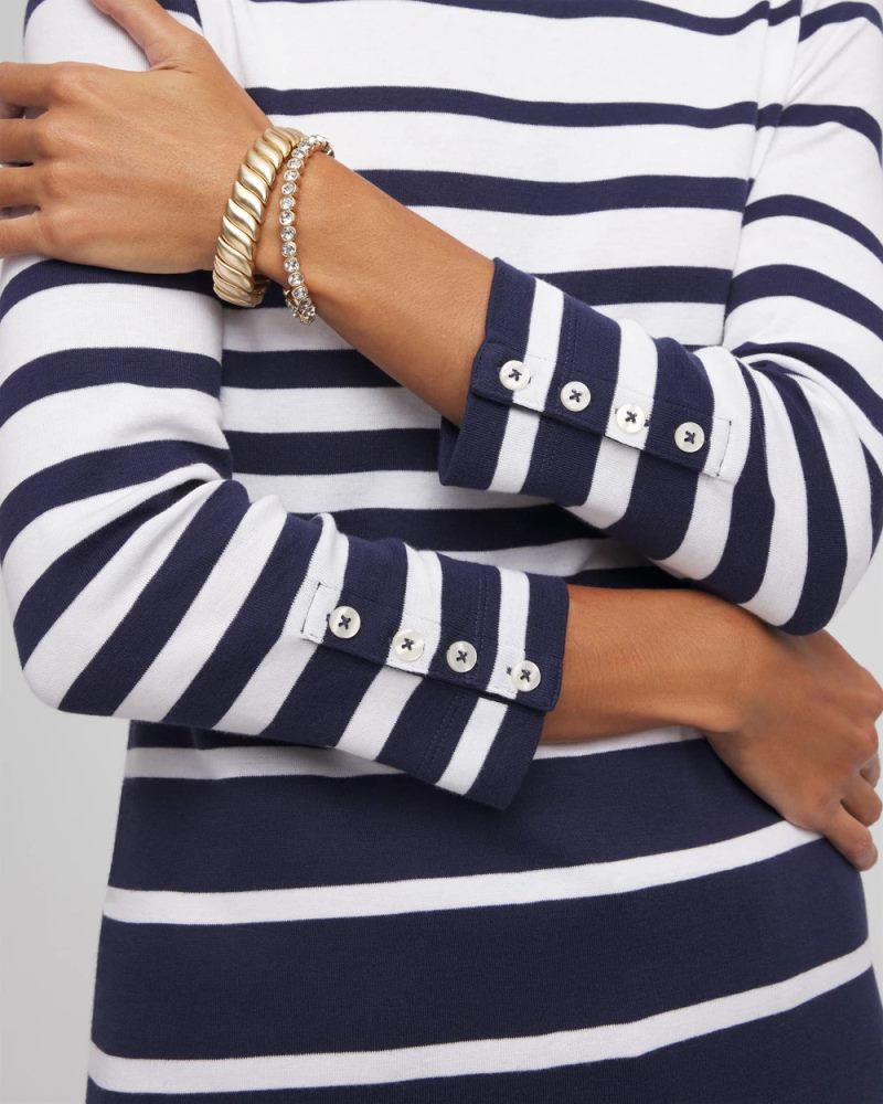 Chicos Pima Striped Button Sleeve Tee - PASSPORT BLUE
