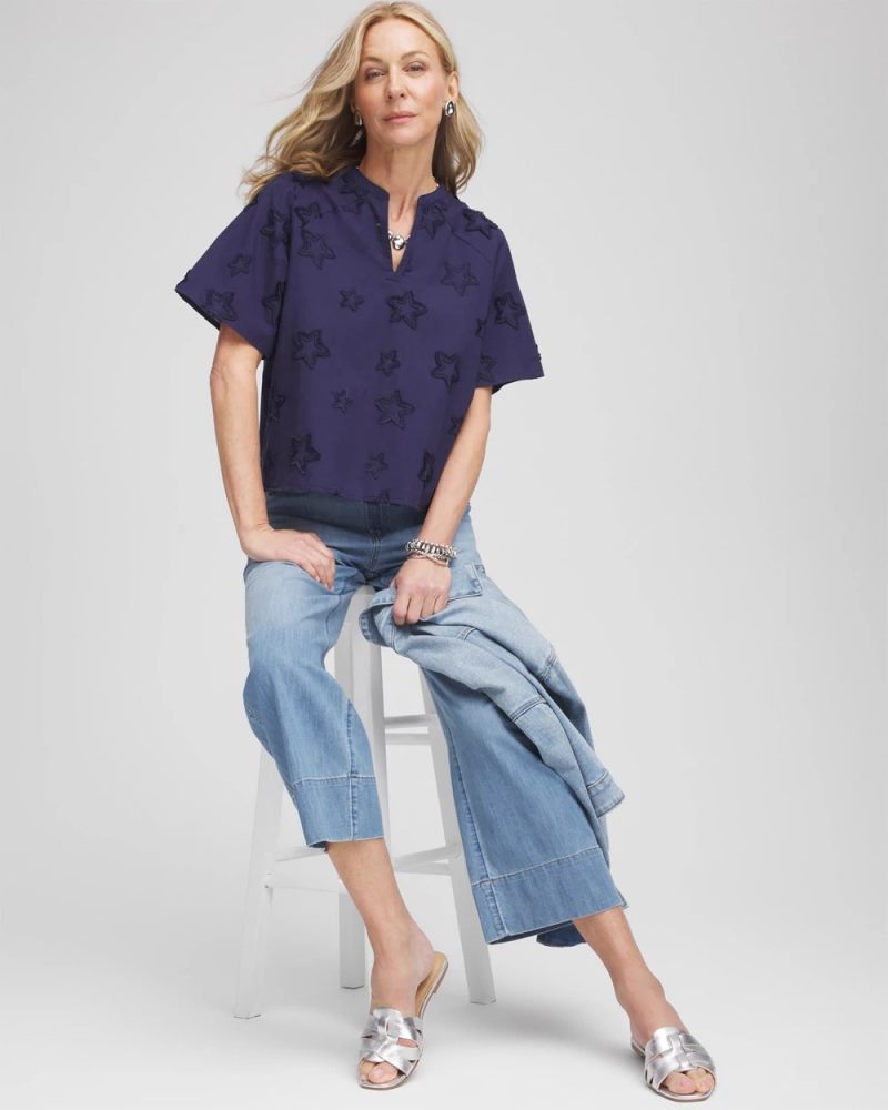 Chicos Embroidered Star Split Neck Blouse - PASSPORT BLUE