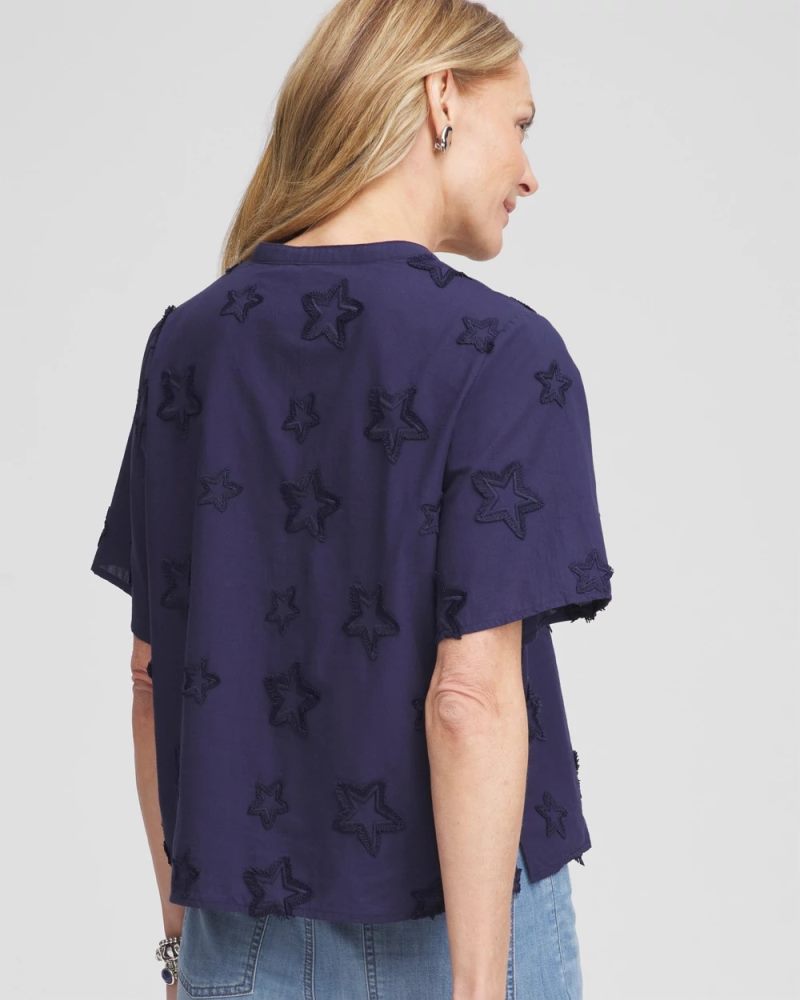 Chicos Embroidered Star Split Neck Blouse - PASSPORT BLUE