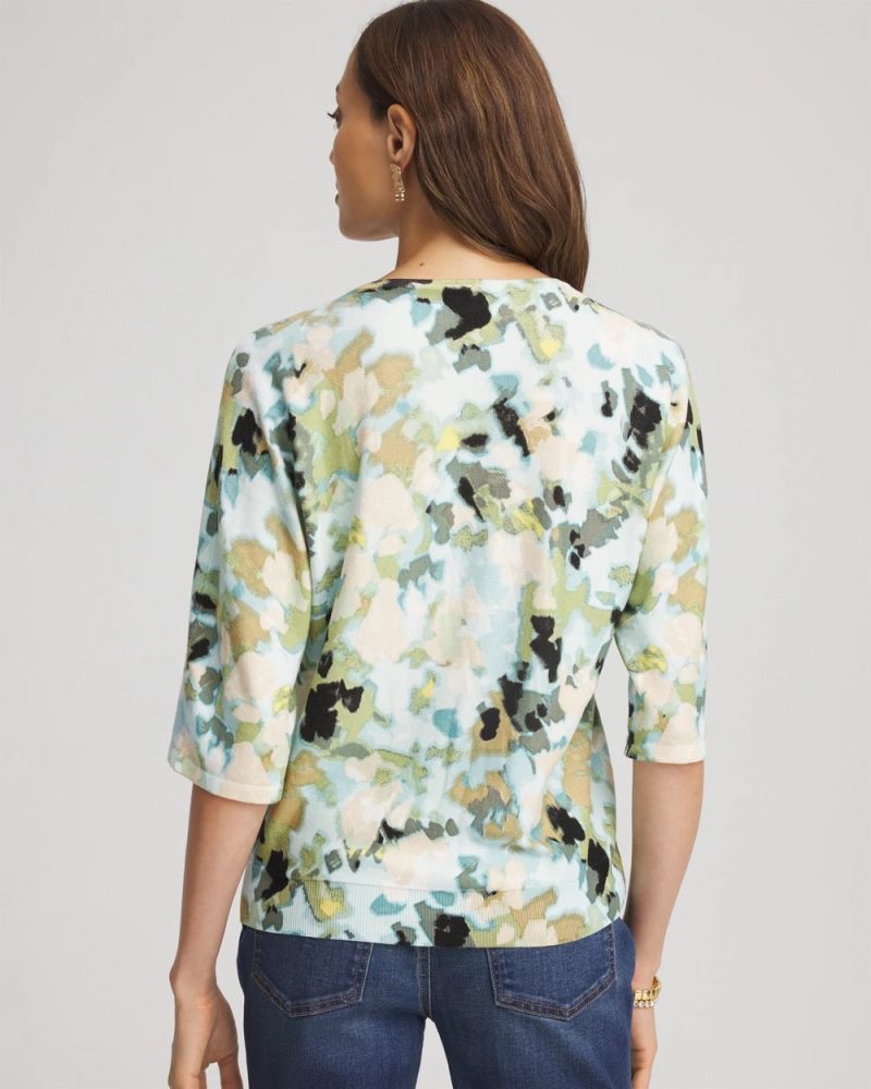 Chicos Printed Dolman V-Neck Pullover Sweater - BLUE MENTHE