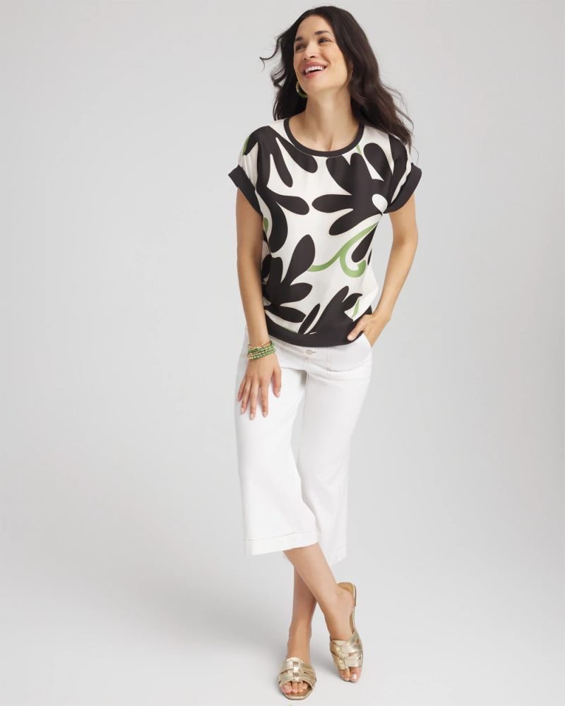 Chicos Floral Rib-Knit Satin Top - ECRU