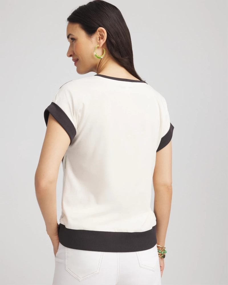 Chicos Floral Rib-Knit Satin Top - ECRU