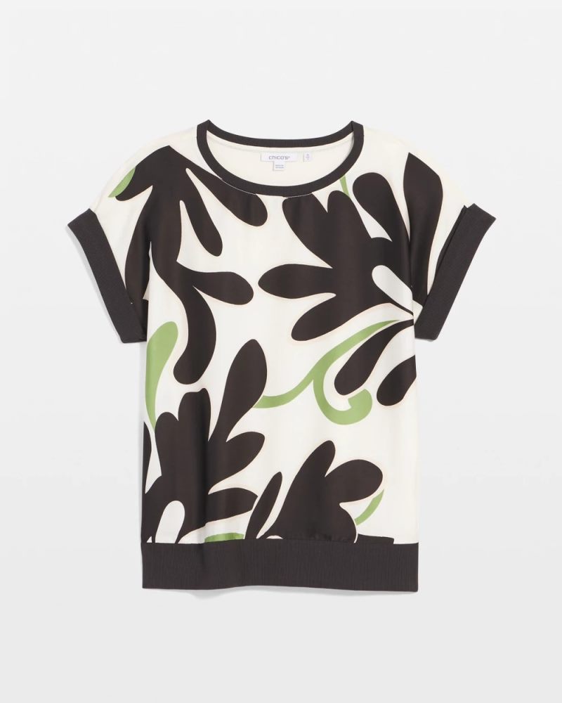 Chicos Floral Rib-Knit Satin Top - ECRU