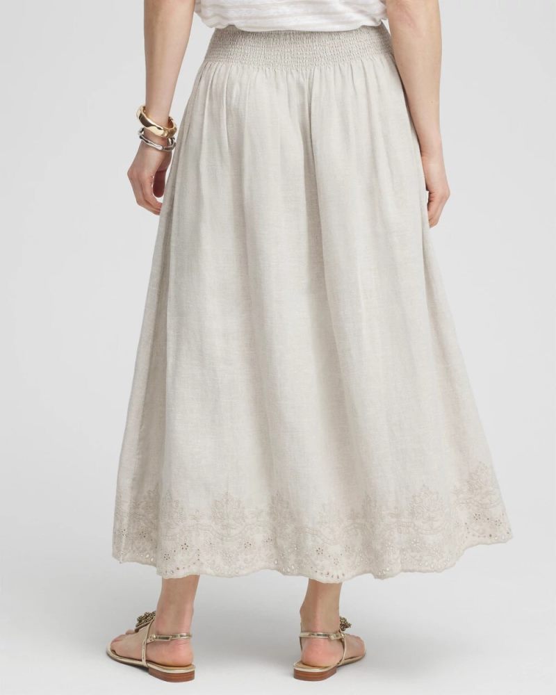 Chicos Linen Embroidered Scallop Hem Skirt - OATMEAL