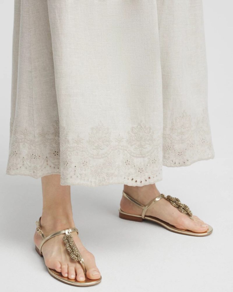Chicos Linen Embroidered Scallop Hem Skirt - OATMEAL