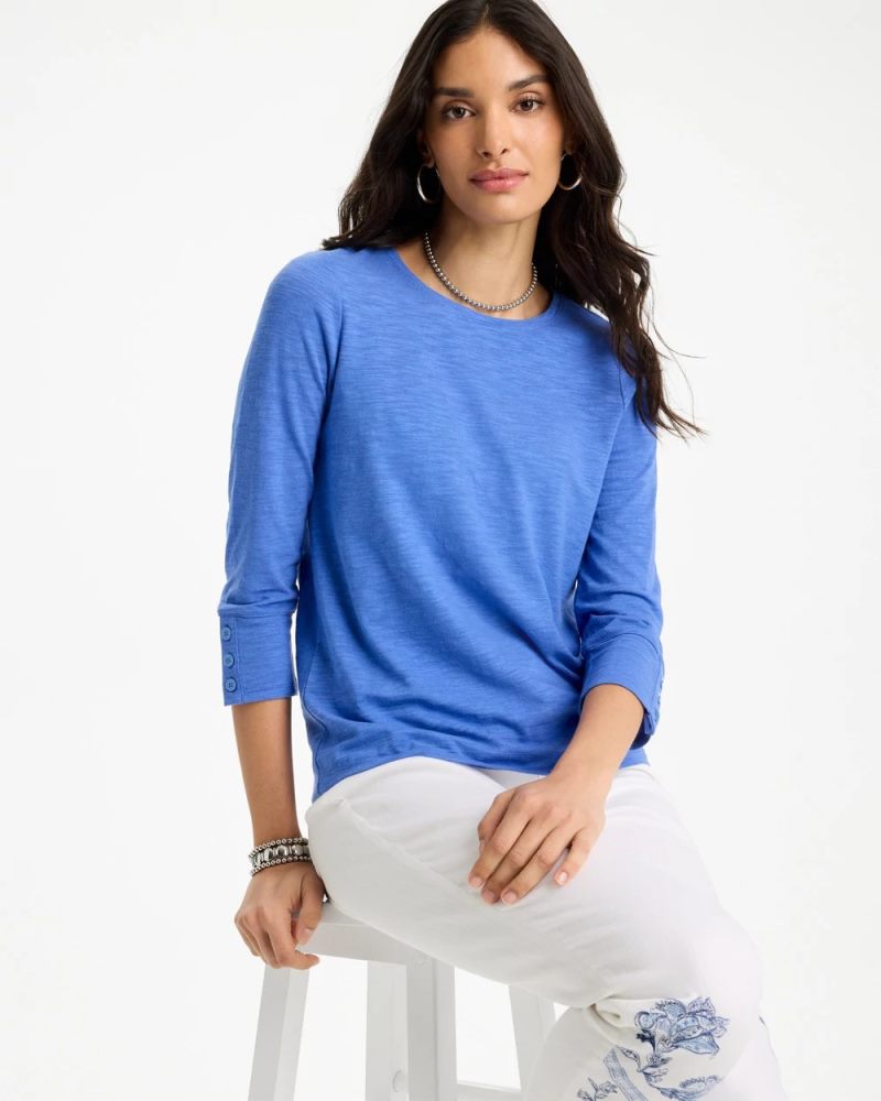 Chicos Cotton Slub 3/4 Sleeve Button Tee - AMPARO BLUE