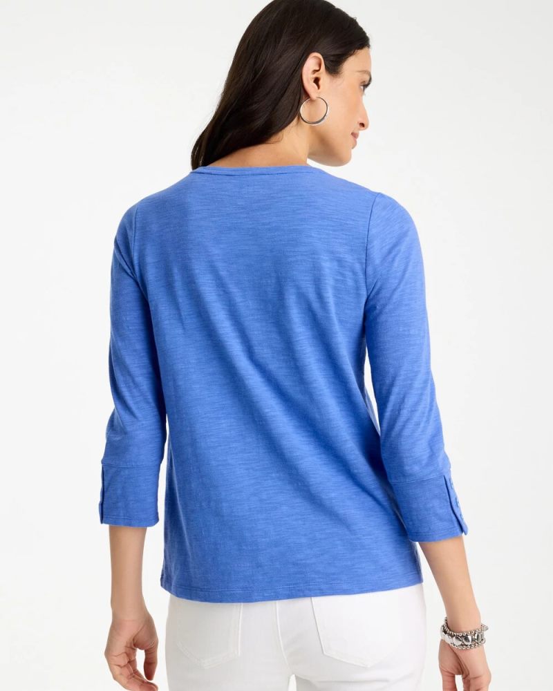 Chicos Cotton Slub 3/4 Sleeve Button Tee - AMPARO BLUE