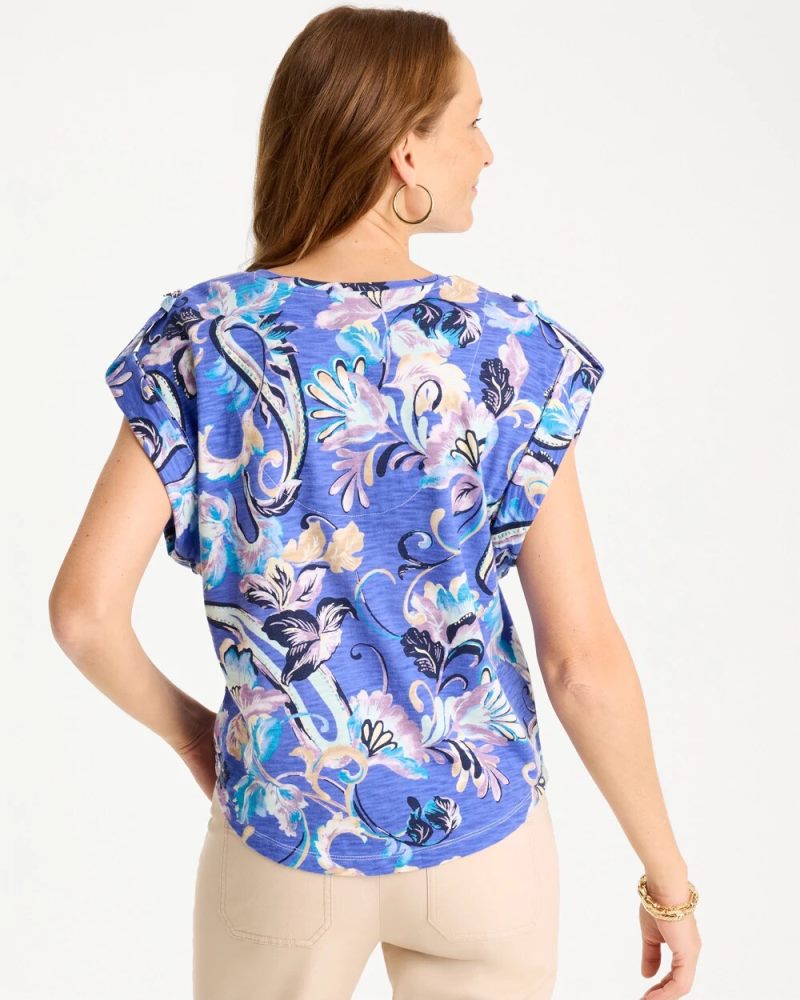 Chicos Paisley Cotton Slub Epaulette Tee - AMPARO BLUE