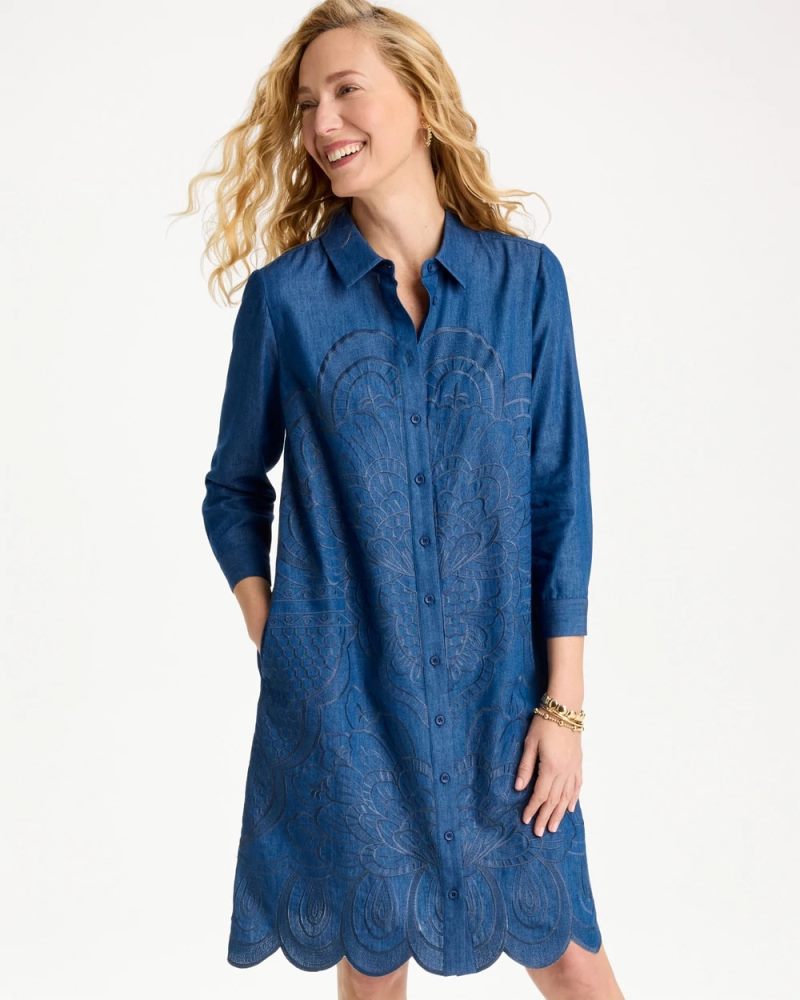 Chicos Denim Embroidered Dress - INDIGO