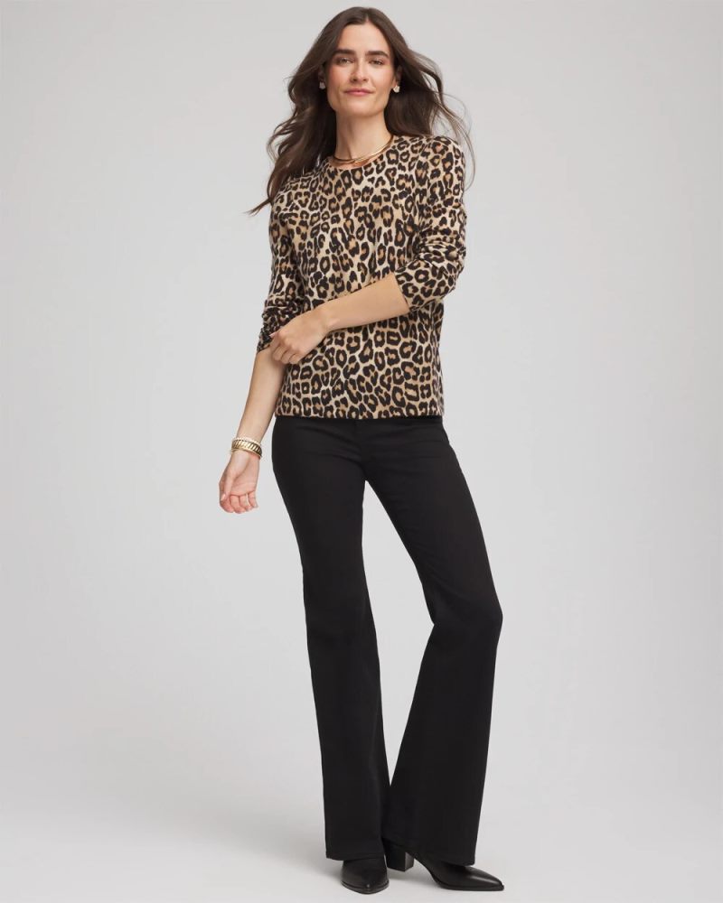 Chicos Cashmere Animal Long-Sleeve Pullover Sweater - CAMEL