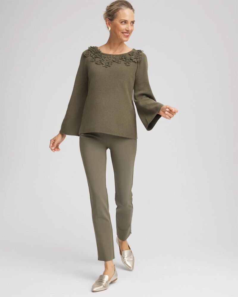 Chicos Appliqué Flared-Sleeve Sweater - NETTLE LEAF