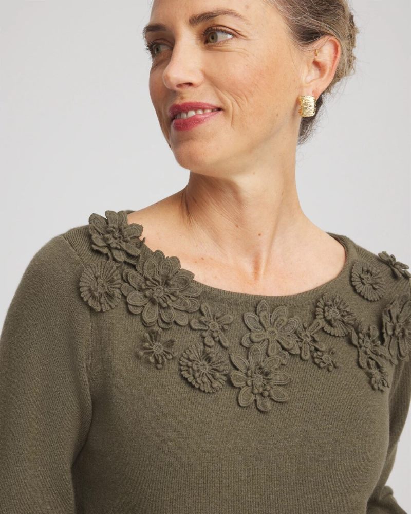 Chicos Appliqué Flared-Sleeve Sweater - NETTLE LEAF