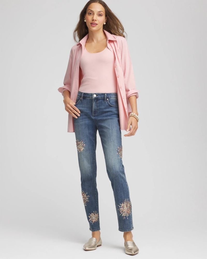 Chicos Embellished Starbursts Girlfriend Slim Ankle Jeans - BRILLIANT BLUE INDIGO