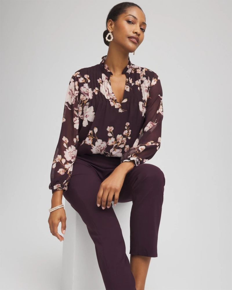Chicos Frosty Floral Ruffleneck Blouse - NIGHT BLOOM