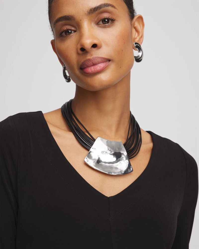 Chicos Pendant Bib Necklace - BLACK/SILVER