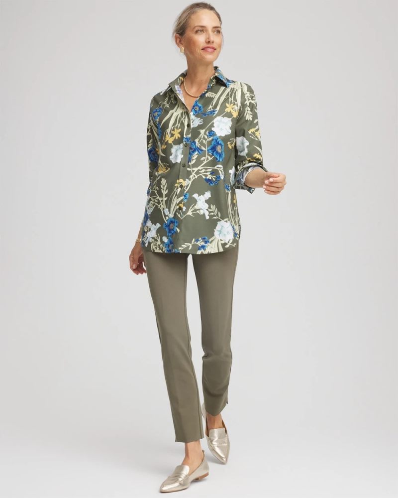 Chicos No Iron Printed Sateen Shirt - NETTLE LEAF