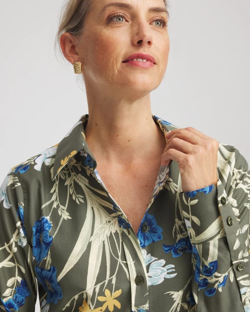 Chicos No Iron Printed Sateen Shirt - NETTLE LEAF