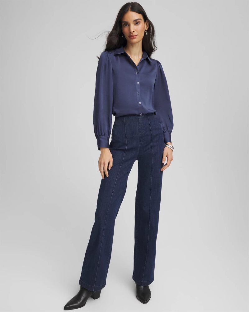 Chicos Puff Sleeve Satin Blouse - INDIGO SKY