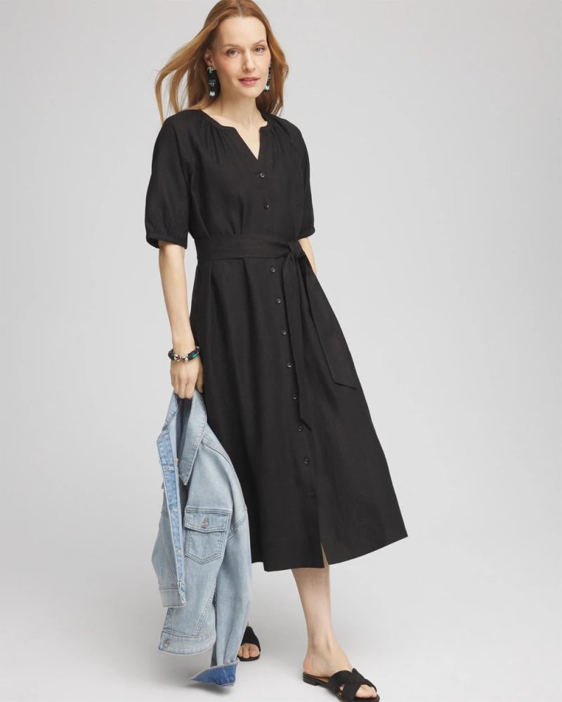 Chicos Linen Midi Shirtdress - BLACK