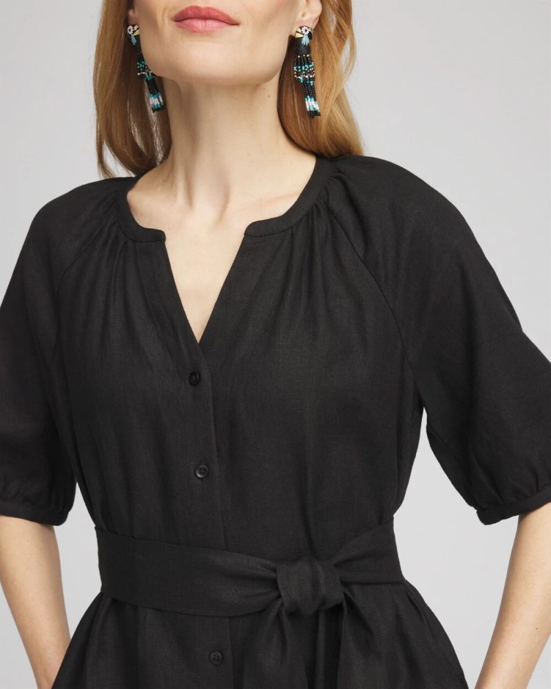 Chicos Linen Midi Shirtdress - BLACK