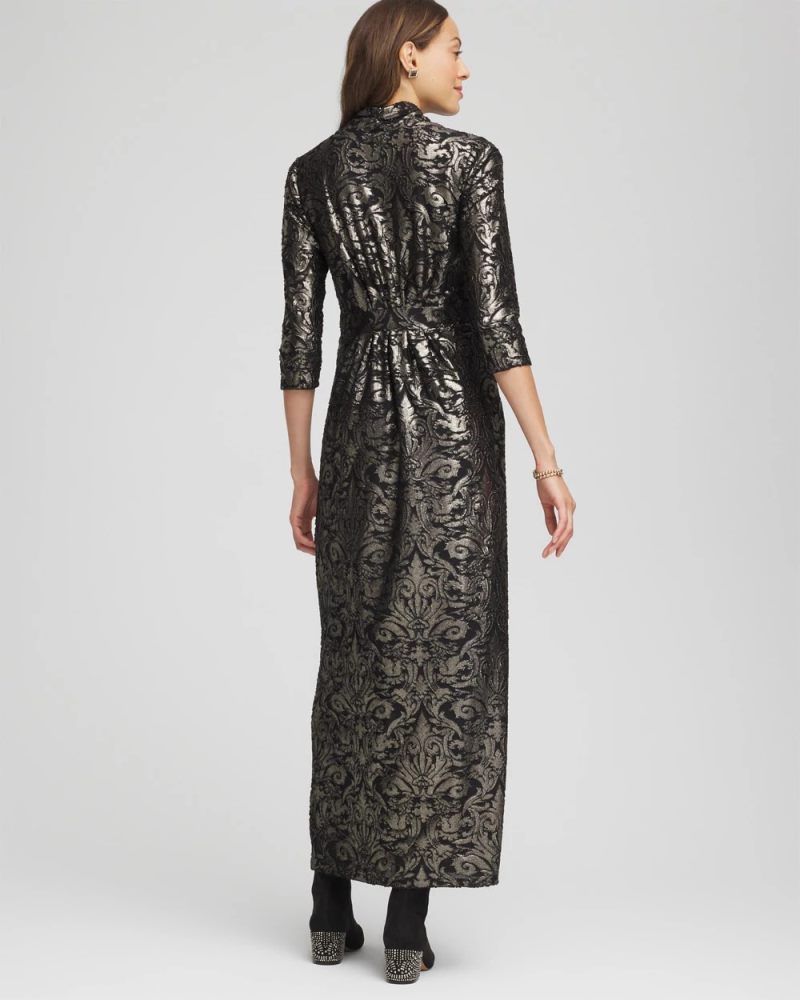 Chicos Foiled Knit Pleated Maxi Dress - BLACK