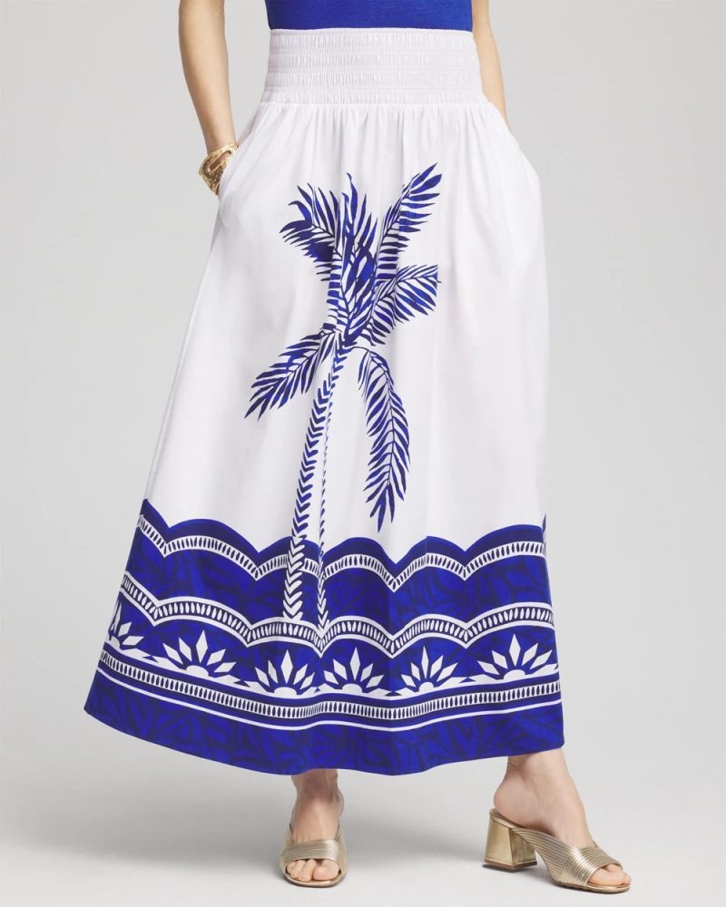Chicos Tropical Smocked Waist Pull-On Skirt - ALABASTER