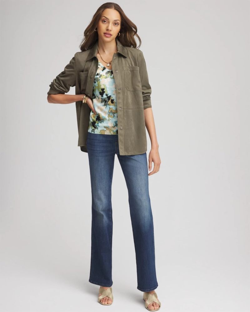 Chicos Suede Collared Long-Sleeved Shacket - NETTLE LEAF