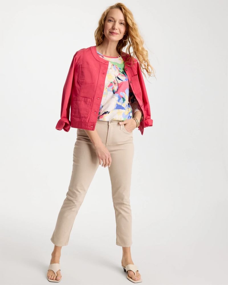 Chicos Printed Cotton Slub 3/4 Sleeve Button Tee - HOT HONEYSUCKLE