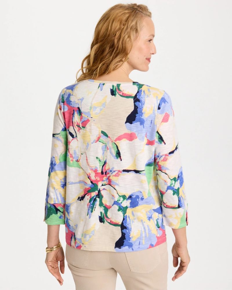 Chicos Printed Cotton Slub 3/4 Sleeve Button Tee - HOT HONEYSUCKLE