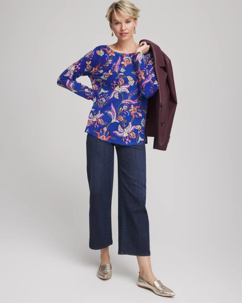 Chicos Ella Boatneck Printed Pullover Sweater - COBALT STONE