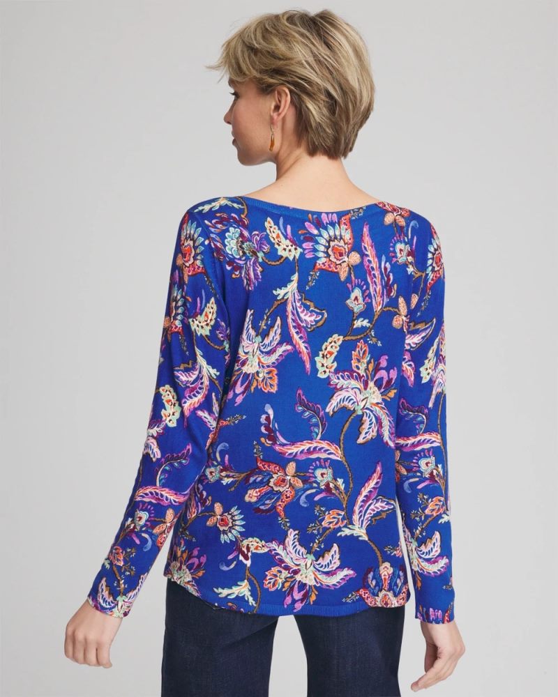 Chicos Ella Boatneck Printed Pullover Sweater - COBALT STONE