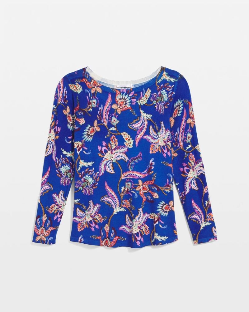 Chicos Ella Boatneck Printed Pullover Sweater - COBALT STONE