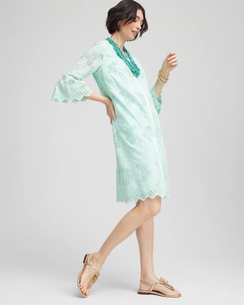 Chicos Eyelet Cotton Voile Dress - TEAL WATERS