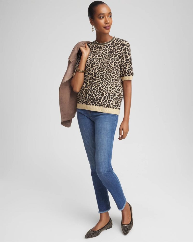 Chicos Embellished Crewneck Animal-Print Sweater - FAUX CAMEL HEATHER