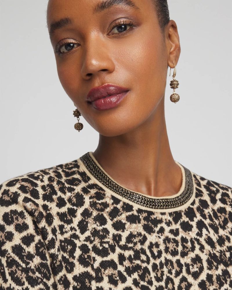 Chicos Embellished Crewneck Animal-Print Sweater - FAUX CAMEL HEATHER