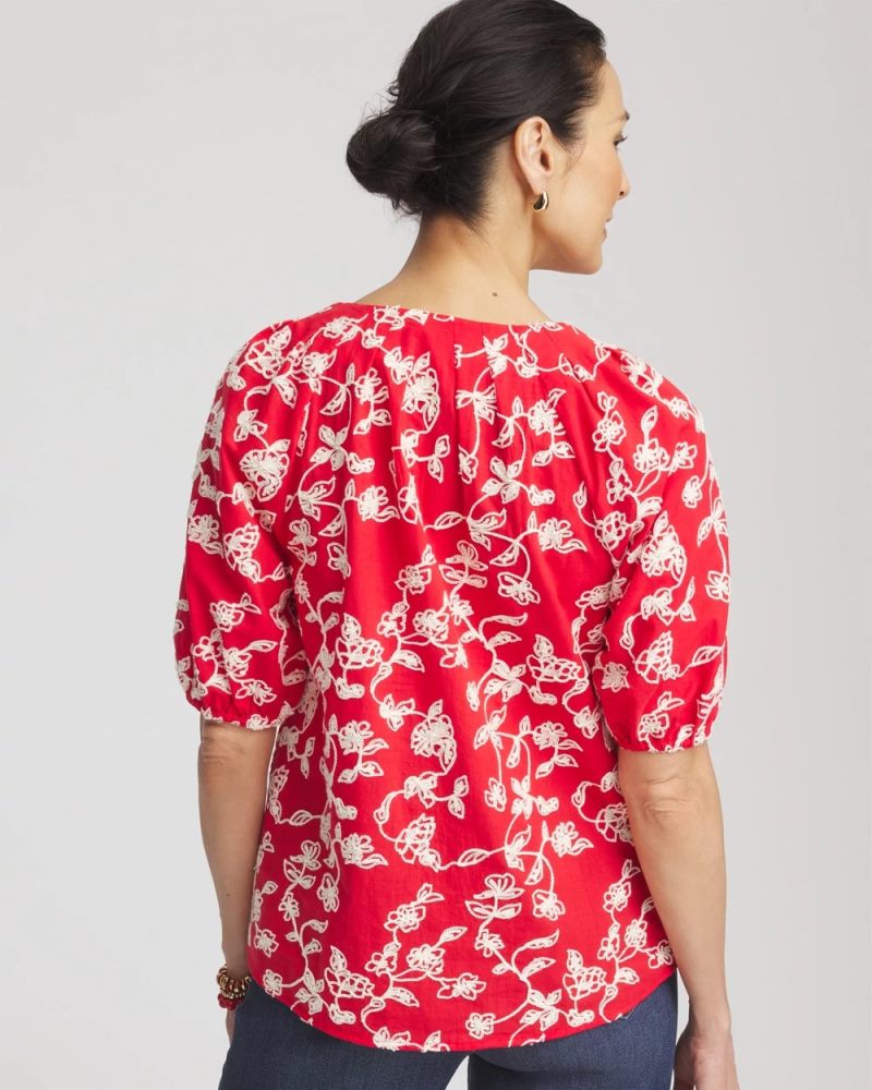 Chicos Floral Embroidered Cotton Peasant Blouse - RED GLOW