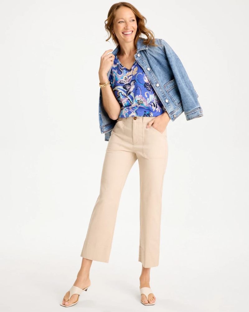 Chicos Paisley Cotton Slub Epaulette Tee - AMPARO BLUE