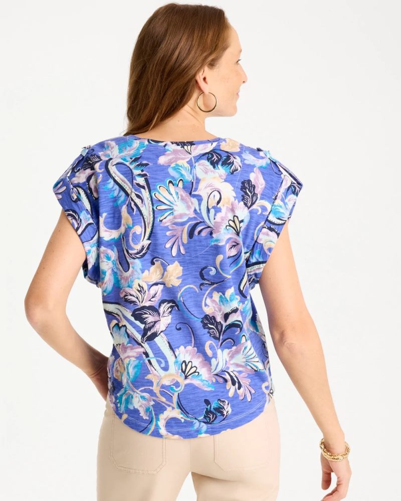 Chicos Paisley Cotton Slub Epaulette Tee - AMPARO BLUE