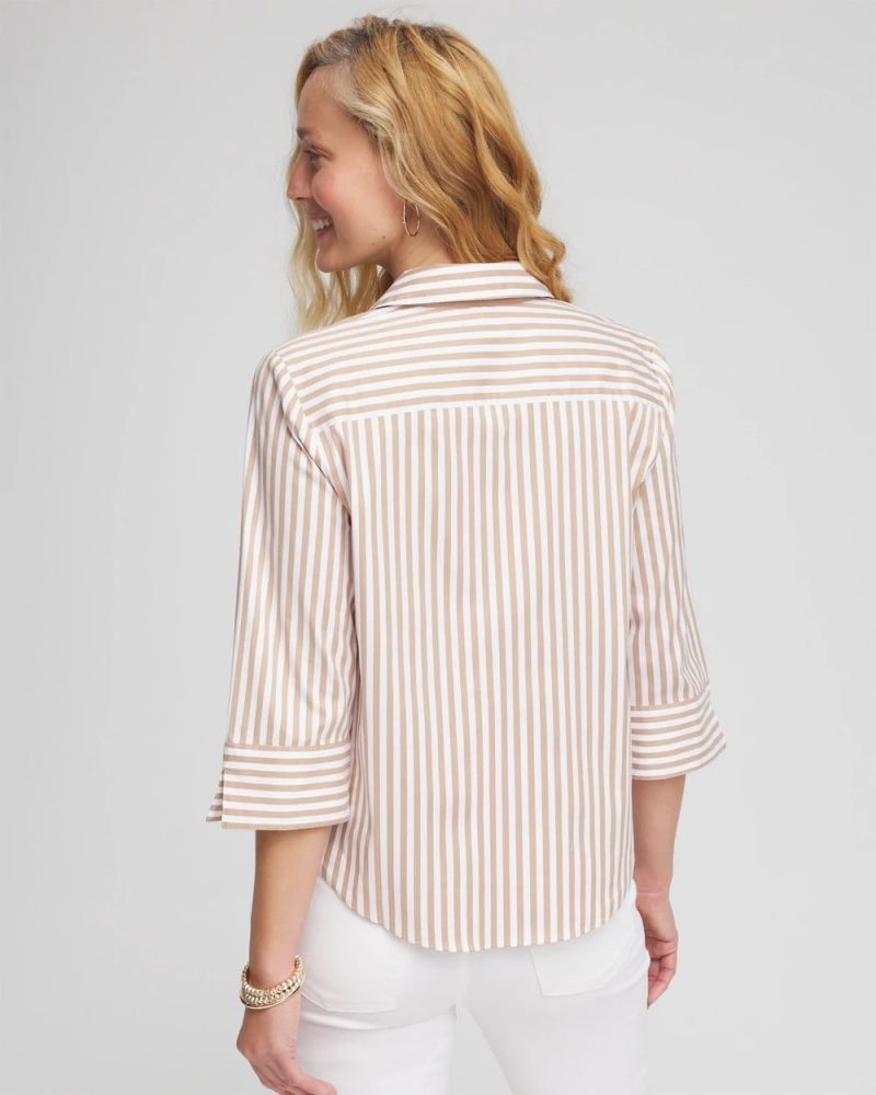 Chicos Striped Poplin Tie-Front Top - CREME COFFEE
