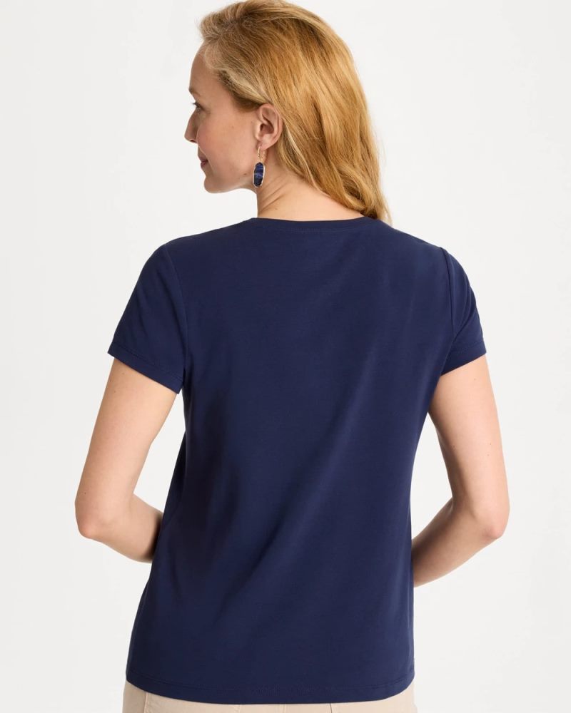 Chicos Cotton Stretch Cap Sleeve Embroidered Tee - PASSPORT BLUE