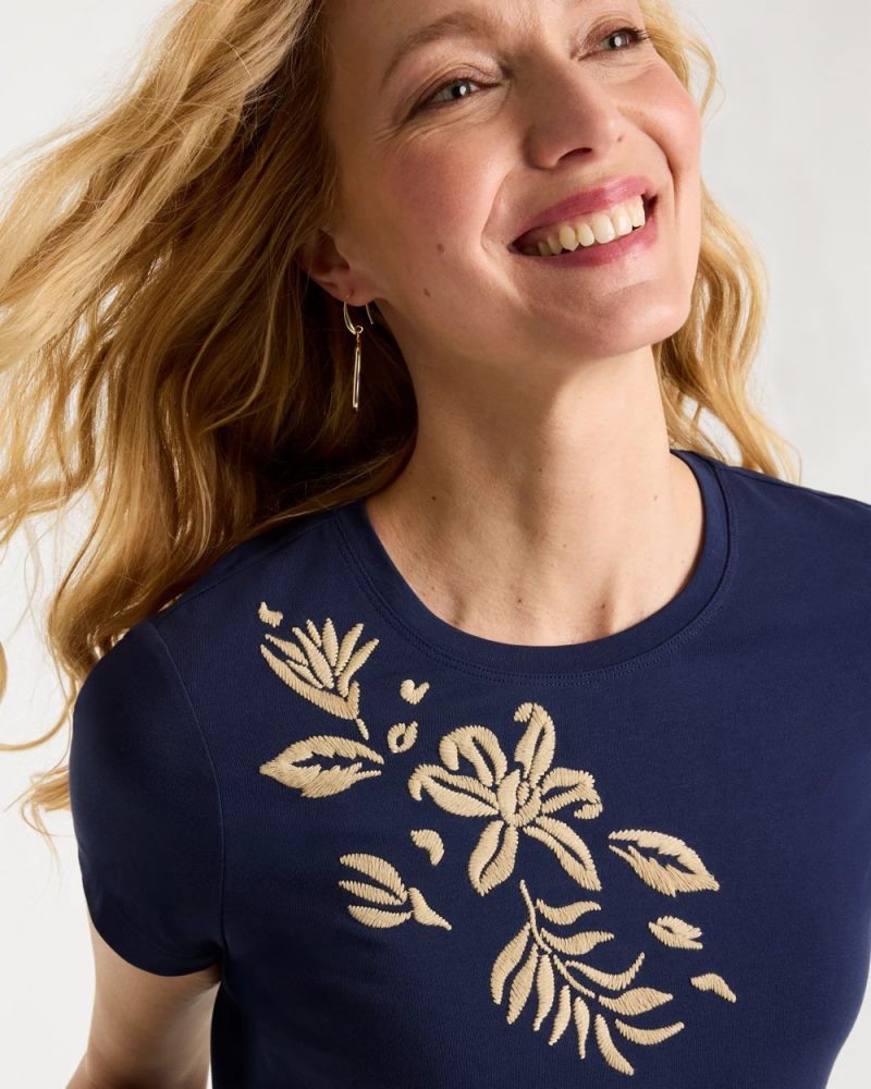 Chicos Cotton Stretch Cap Sleeve Embroidered Tee - PASSPORT BLUE