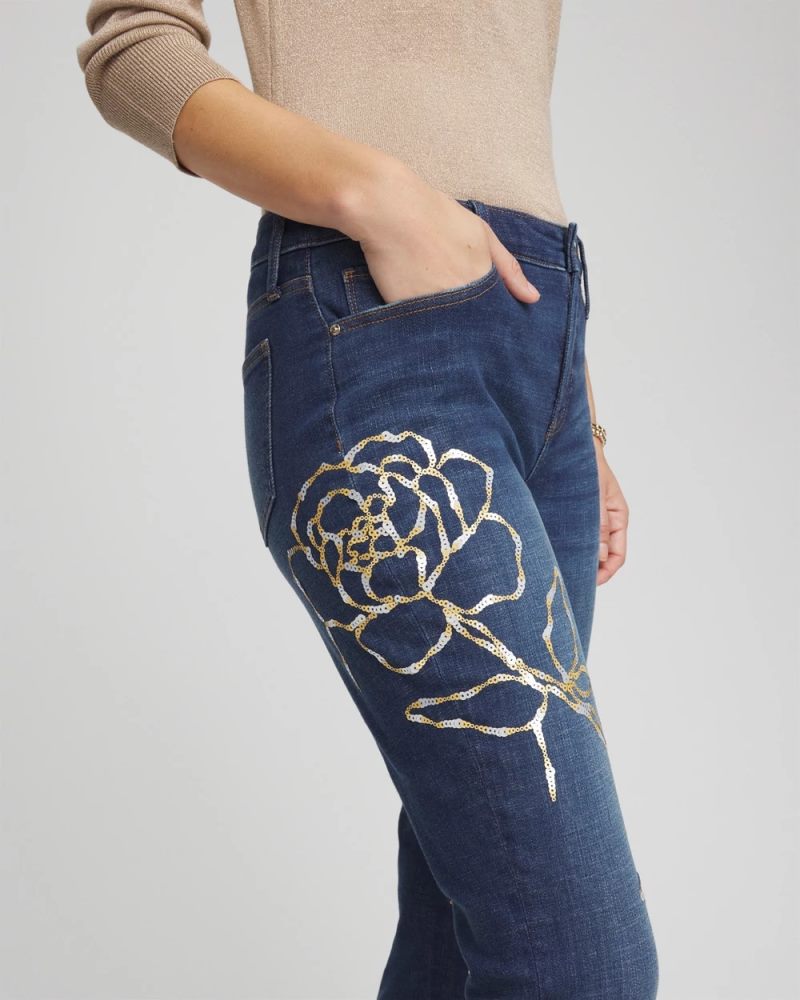 Chicos Sequins Rose Girlfriend Slim-Leg Jeans - SEQUOIA INDIGO