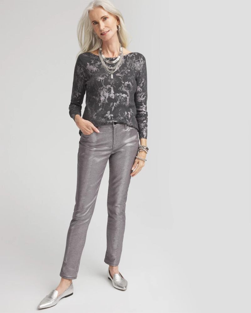 Chicos Silver Floral Bateau Neck Sweater - GRAPHITE HEATHER GRAY