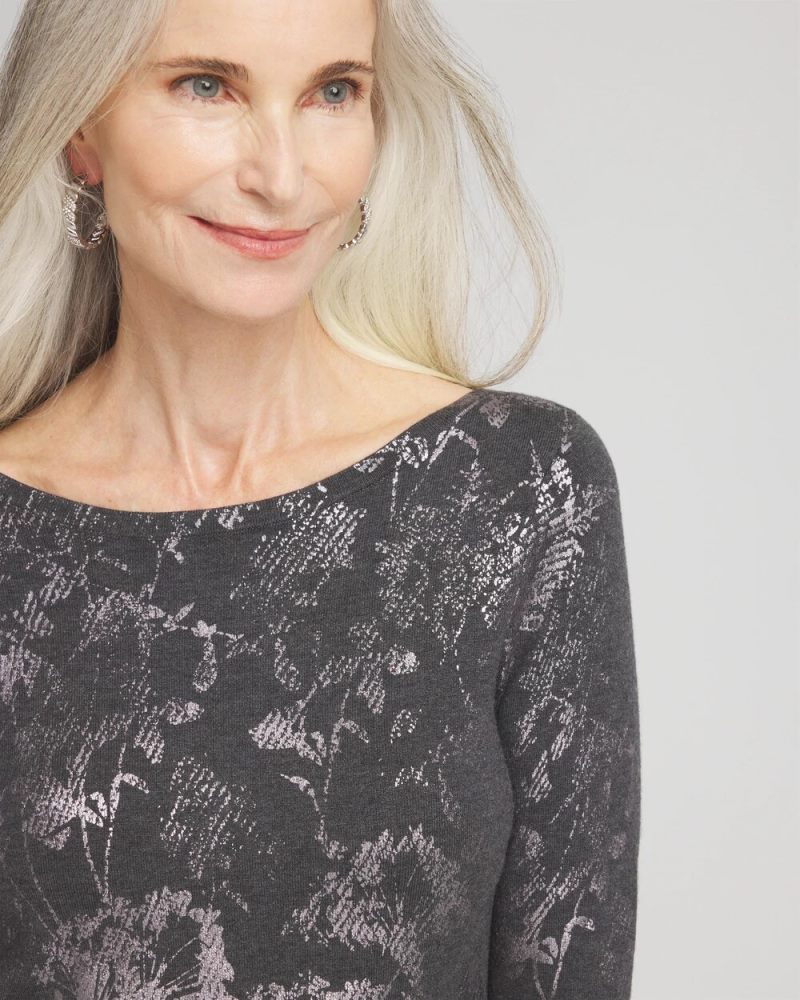 Chicos Silver Floral Bateau Neck Sweater - GRAPHITE HEATHER GRAY