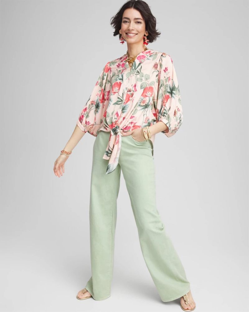 Chicos Floral Satin Tie-Front Pullover Top - CORAL BLOSSOM