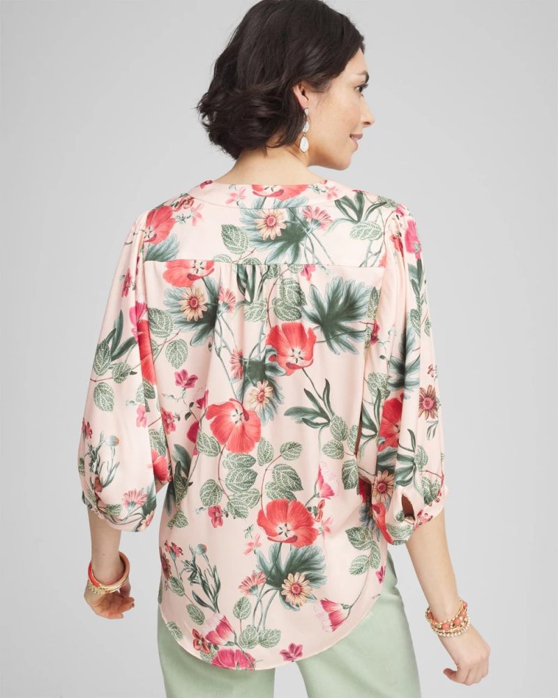 Chicos Floral Satin Tie-Front Pullover Top - CORAL BLOSSOM