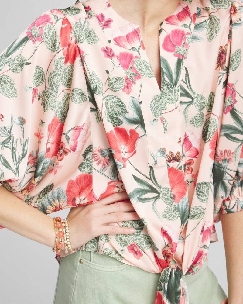 Chicos Floral Satin Tie-Front Pullover Top - CORAL BLOSSOM