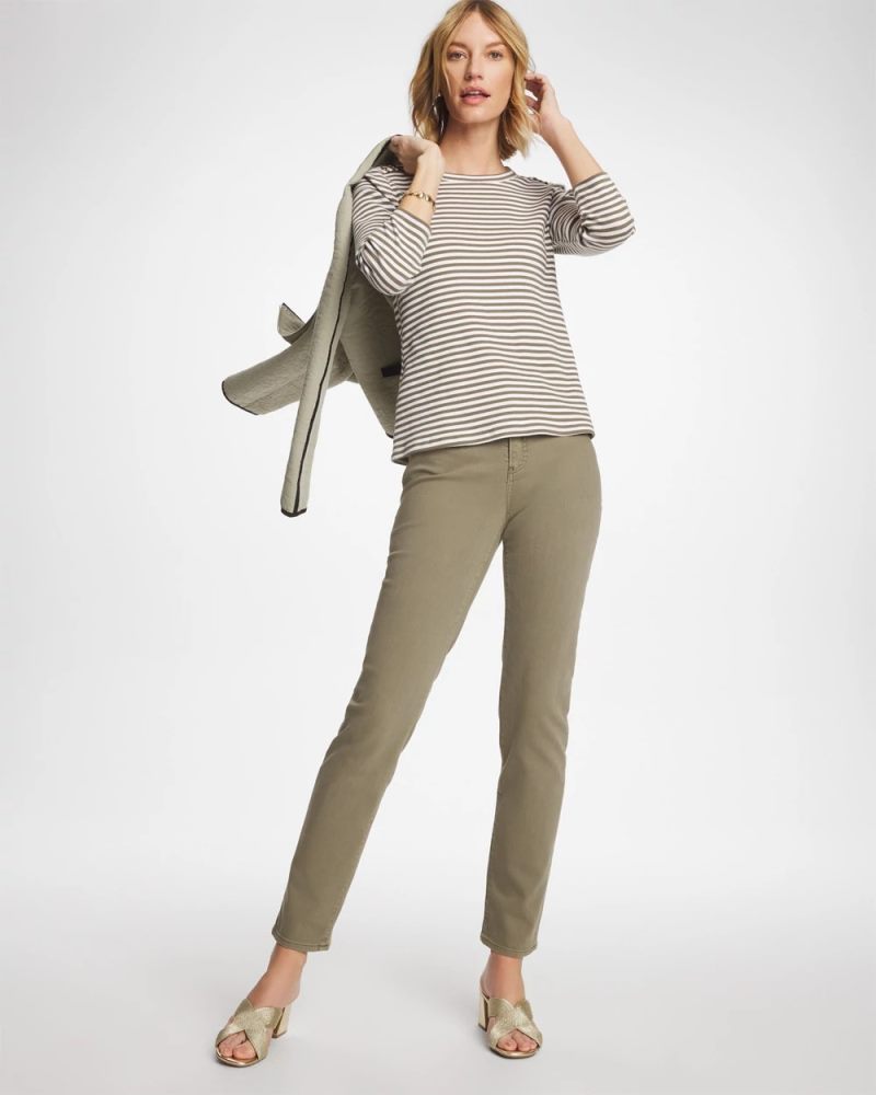 Chicos Striped Ribbed Button Crewneck Tee - LICHEN