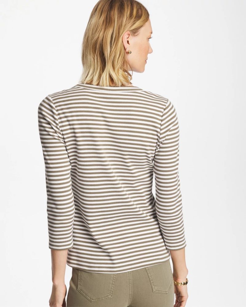 Chicos Striped Ribbed Button Crewneck Tee - LICHEN